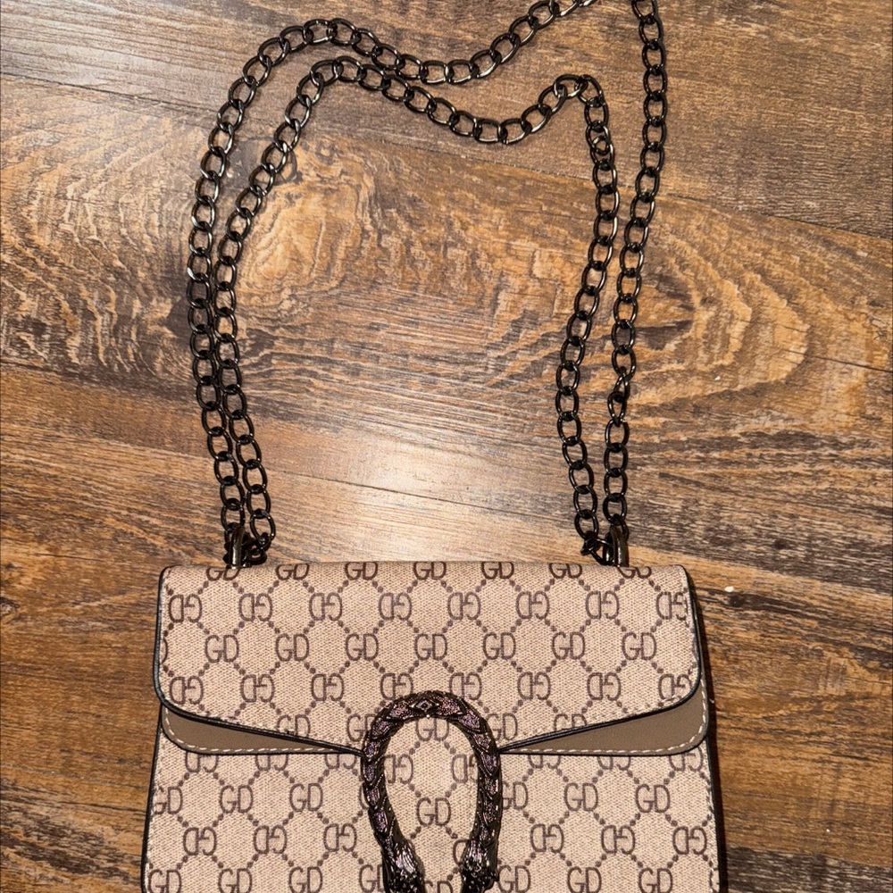 Beige Patterned Chain Shoulder Bag
